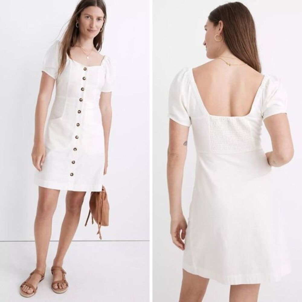 NEW Madewell Linen-Cotton Puff-Sleeve Mini Dress, lighthouse, 14‎